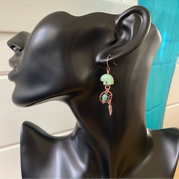 2/$29 Handmade Carved Turquoise Bear Dreamcatcher Earrings Dangle Feather Copper - Picture 3 of 4